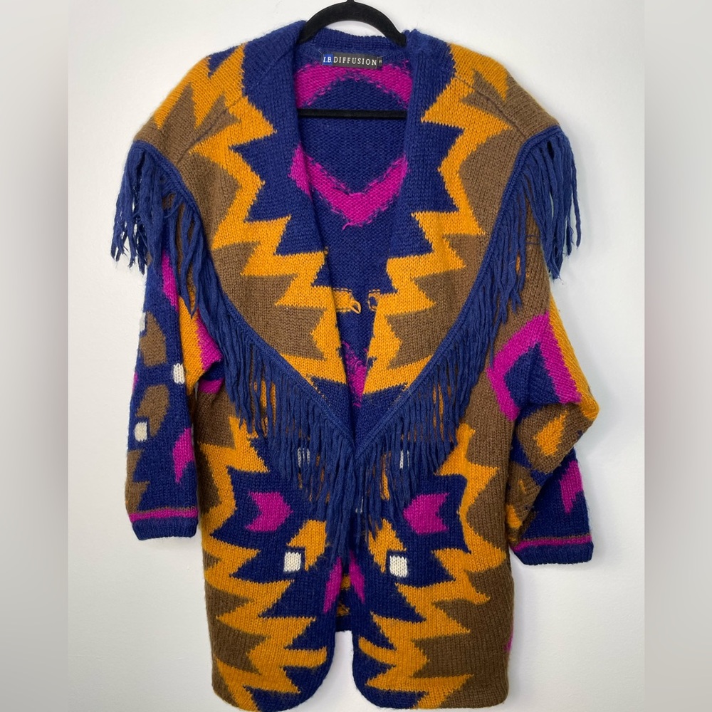 Vintage southwestern wool blend fringe cardigan